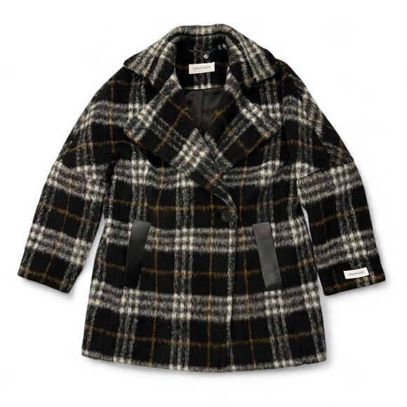 NWOT Calvin Klein Wool Blend Plaid Pea Coat Sz M Dark Academia Twee City Classic - Picture 1 of 13